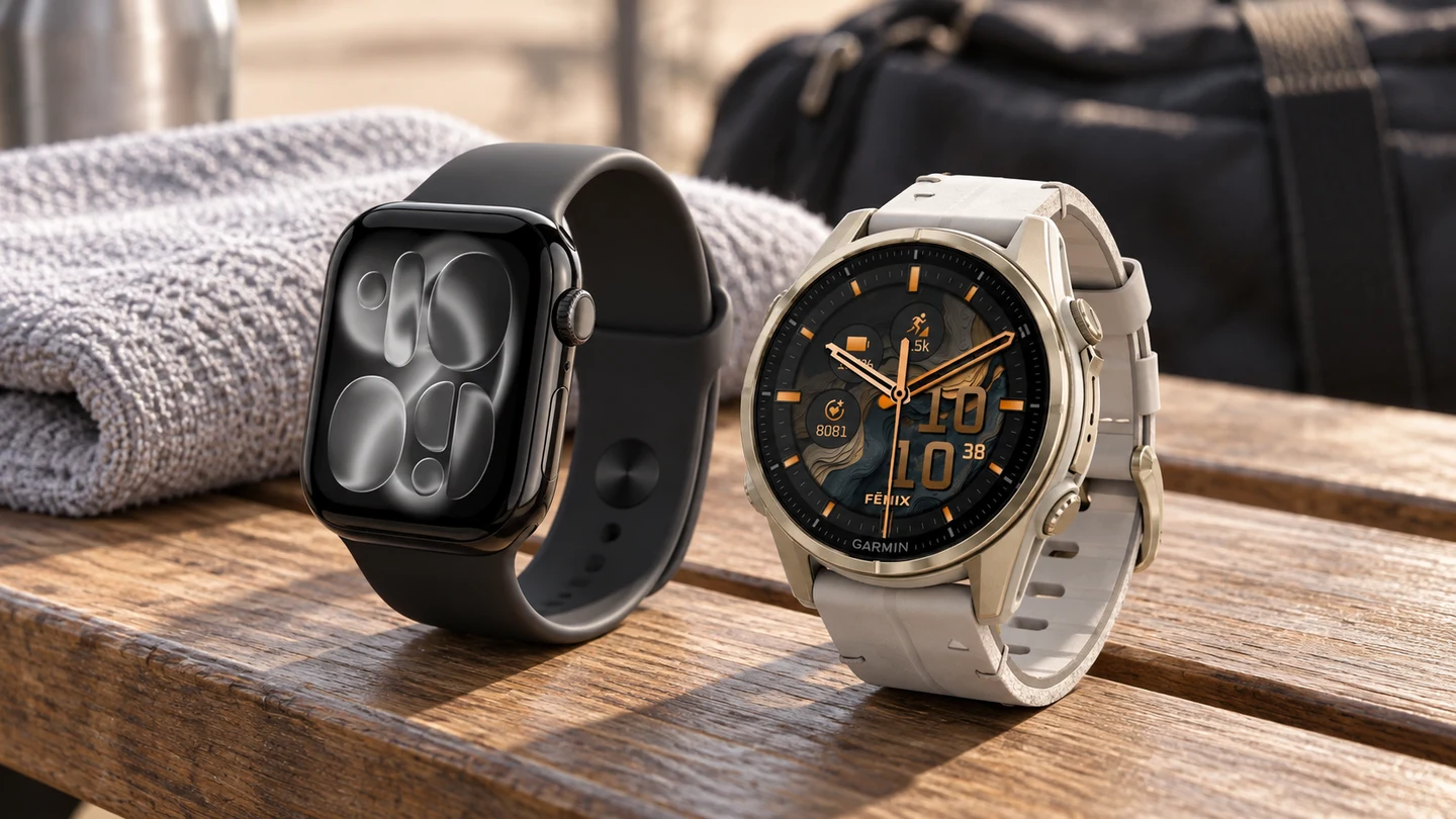 Apple Watch Series 11 Jet Black и Garmin fenix 8 Soft Gold рядом со спортивной сумкой