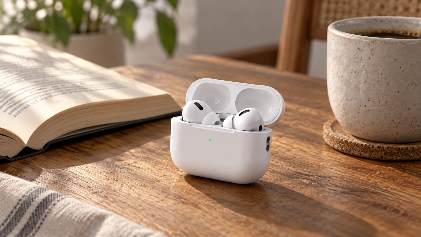 Белые AirPods Pro 3 в открытом зарядном футляре рядом с книгой и чашкой кофе