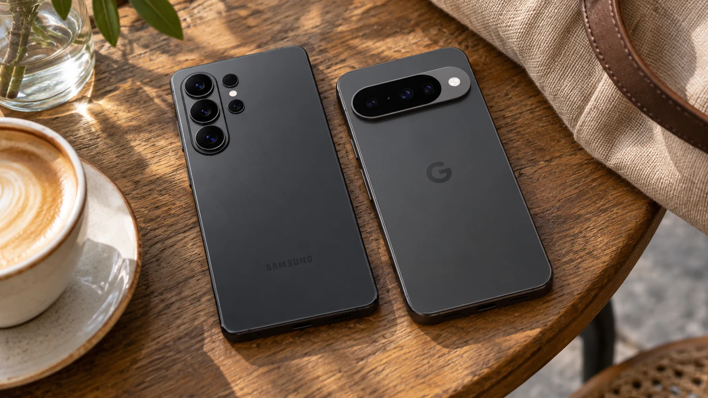 Чёрные Samsung Galaxy S26 Ultra и Google Pixel 10 на столике в кафе