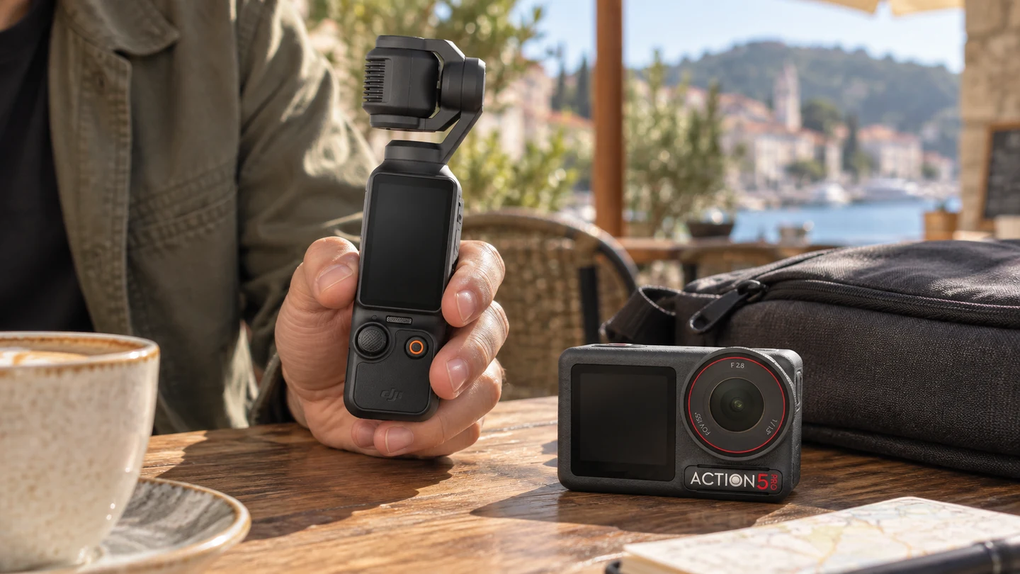 DJI Osmo Pocket 3 в руке путешественника и Osmo Action 5 Pro на столике у дорожной сумки