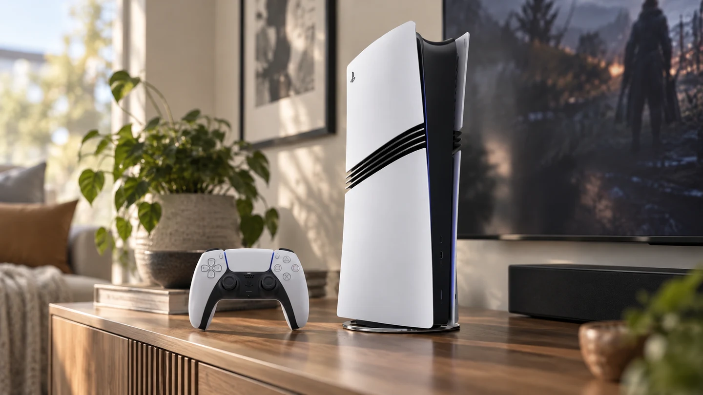 Белая PlayStation 5 Pro Digital Edition с контроллером DualSense на тумбе у телевизора