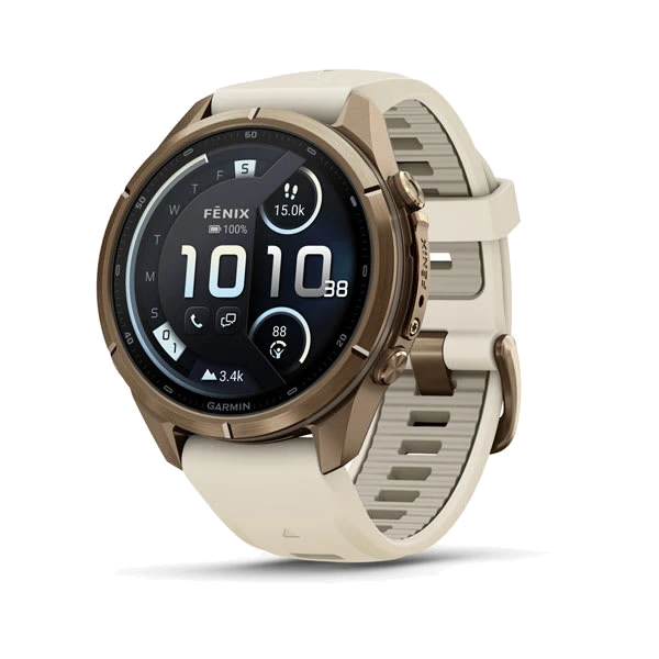 Часы Garmin fenix 9 Pro inReach, 43 мм — Autumn Gold Titanium with Cream/French Gray Silicone Band