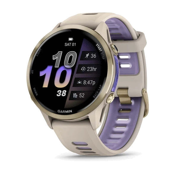 Часы Garmin Forerunner 970 — Soft Gold Titanium with French Gray Case and French Gray/Translucent Indigo Band