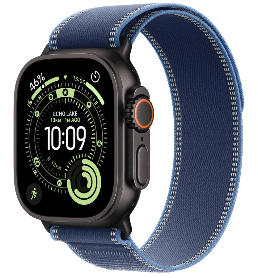 Apple Watch Ultra 3 — чёрный титан, ремешок Trail Loop Blue/Bright Blue