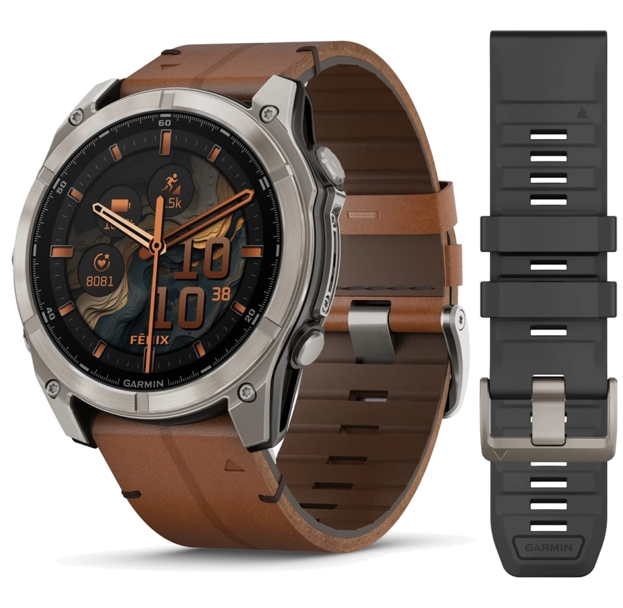 Garmin Fenix 8 — AMOLED Sapphire Titanium / Chestnut Leather Band