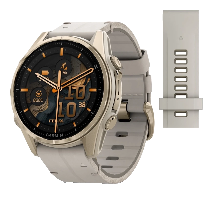 Garmin Fenix 8 — AMOLED Sapphire Soft Gold / Limestone Leather Band