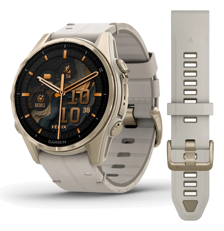 Garmin Fenix 8 — AMOLED Sapphire Soft Gold / Limestone Leather Band