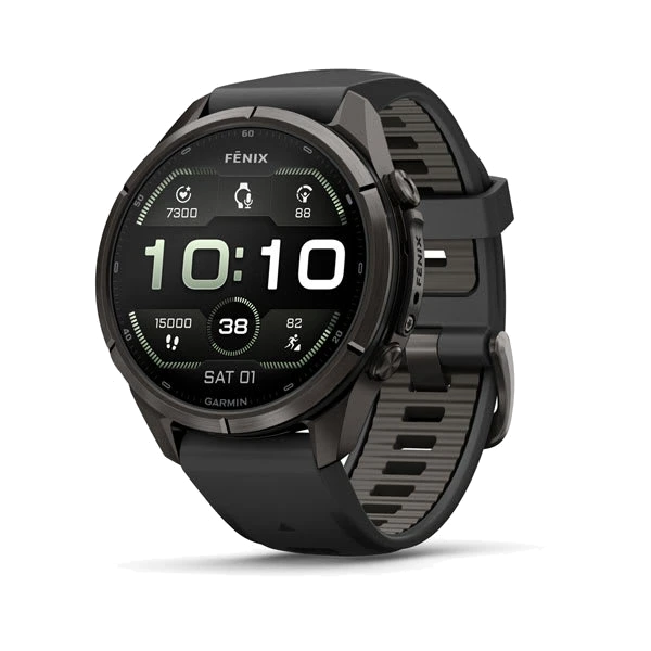 Часы Garmin fenix 9 Pro 43 мм — Carbon Gray DLC Titanium with Black/Pebble Gray Silicone Band