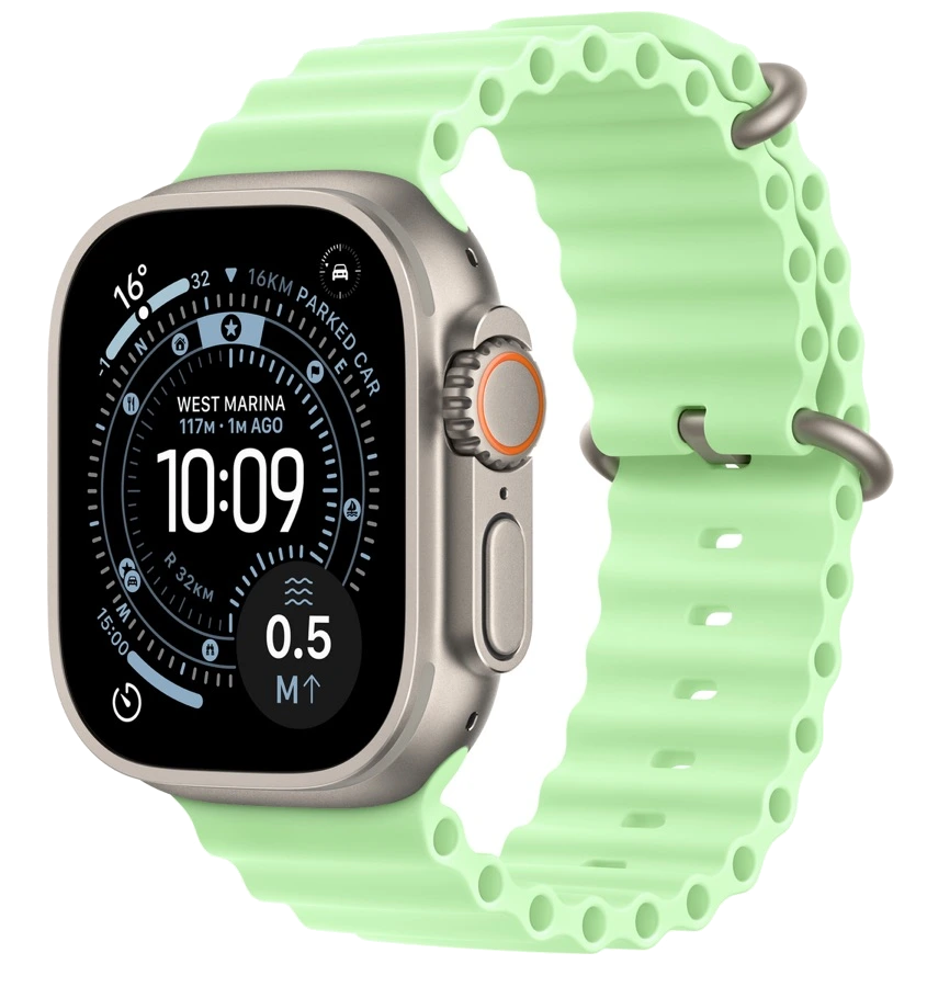 Apple Watch Ultra 3 — натуральный титан, ремешок Ocean Band Neon Green