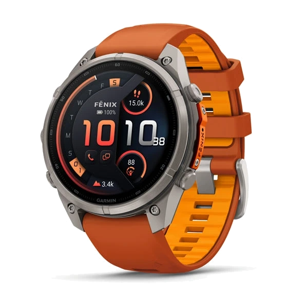 Часы Garmin fenix 9 Pro inReach, 47 мм — Titanium with Autumn Orange/Spark Orange Silicone Band